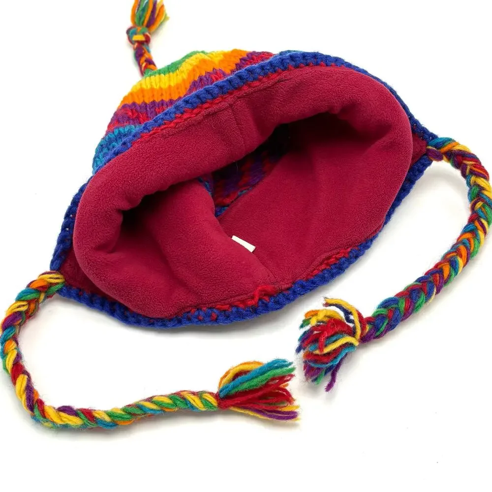 Rainbow Striped Wool Sherpa Hat Earflap Beanie Toque Toboggan Stocking Cap Nepal